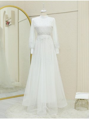 Tasarım Taş Detaylı Kabartma Etekli Tül Abiye Elbise Beyaz Tasarım Taş Detaylı Kabartma Etekli Tül Abiye Elbise Beyaz