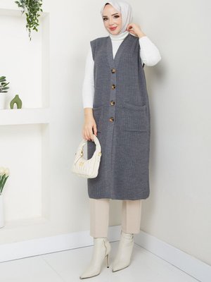 Cepli Düğme Kapamalı Triko Yelek