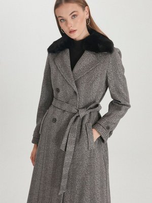 Kürk Detaylı Kruvaze Yaka Siyah Kaşe Kaban