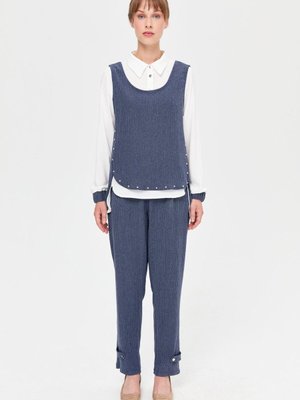 Retro Dokulu Üçlü Pantolonlu Takım İndigo