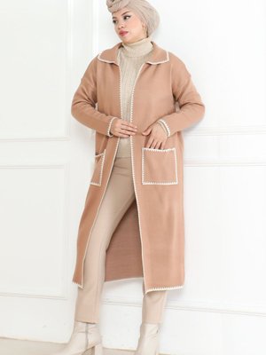 Uzun Cep Kenar Detaylı Triko Hirka Sütlü Kahve