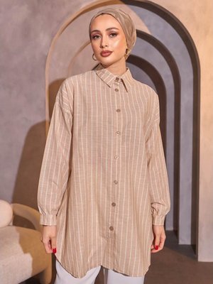 Uzun Kollu Düğmeli Çizgili Dokuma Gömlek
