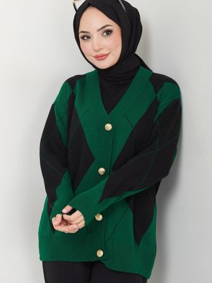 Baklava Desenli Triko Hırka Zümrüt Yeşili