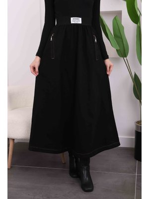 Siyah Cepli Bel Lastikli Kloş Kot Etek