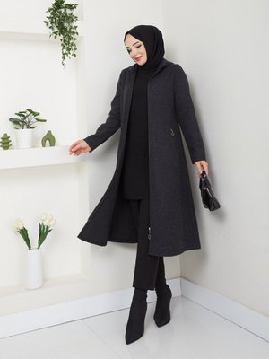 Fermuarlı Kapüşonlu Cepli Kaşe