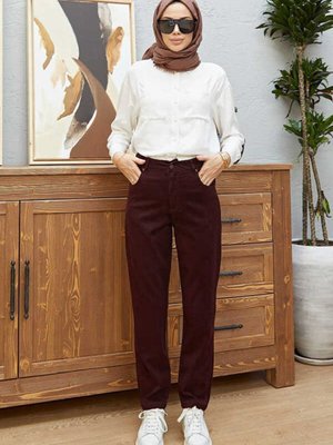 Yüksek Belli Dar Paça Pantolon Bordo