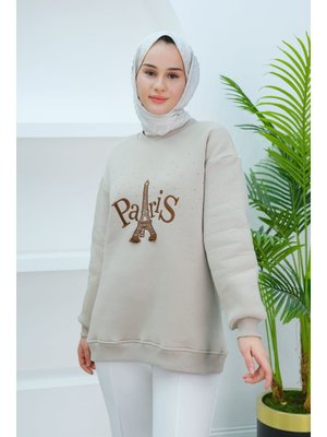 Krem Taş Ve Nakış Detaylı Oversize Sweat Krem Taş Ve Nakış Detaylı Oversize Sweat