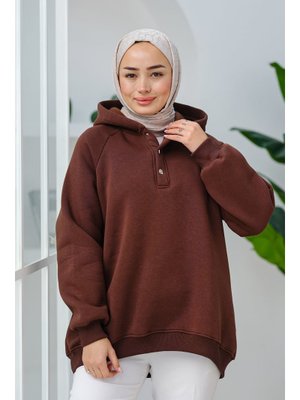 Kahverengi Çıt Detay Kapüşonlu Sweat Kahverengi Çıt Detay Kapüşonlu Sweat