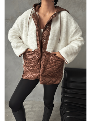 Kahverengi Kapitone Kumaş Peluş Garnili Ceket