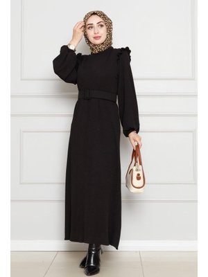 Siyah Omuzu Fırfır Kemerli Elbise Siyah Omuzu Fırfır Kemerli Elbise