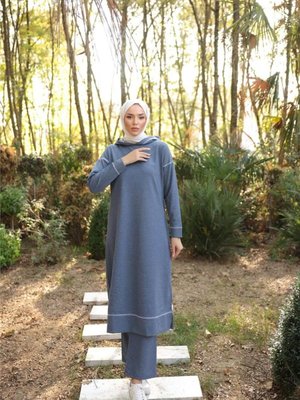 Kapüşonlu Uzun Sweat Pantolon İkili Eşofman Takımı İndigo Kapüşonlu Uzun Sweat Pantolon İkili Eşofman Takımı İndigo