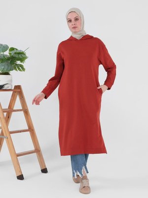 Kapüşonlu Uzun Sweatshirt Kiremit Kapüşonlu Uzun Sweatshirt Kiremit