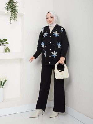 Çiçekli Hırka Pantolon İkili Triko Takım Tesettür Kombin