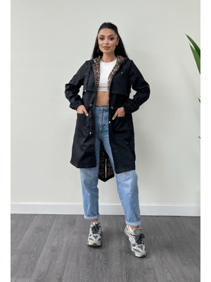 Siyah Leopar Astarlı Cepli Trençkot