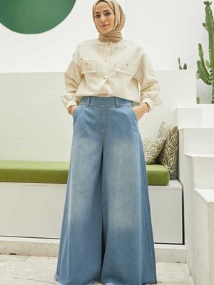 Bol Paça Pantolon Etek Mavi