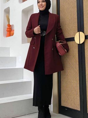 Kadın Bordo Vatkalı Düğmeli Ceket T