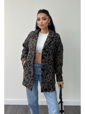 Kahverengi Leopar Desenli Kaşe Kumaş Kaban