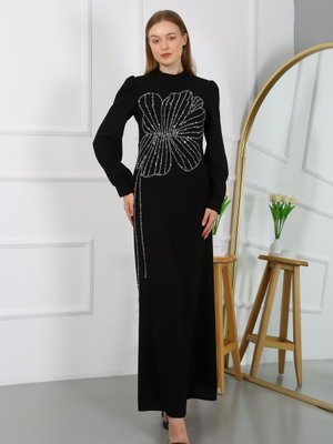 Taşlı Abiye Elbise Krep Kumaş