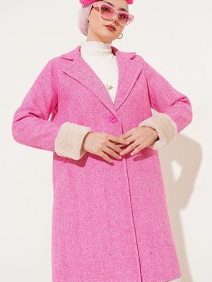 Kolları Tüylü Balık Sırtı Kaşe Kaban Fuşya