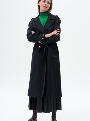 Siyah Gold Düğme Detaylı Trençkot