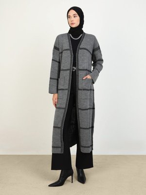 Çizgi Detaylı Uzun Triko Hırka Antrasit