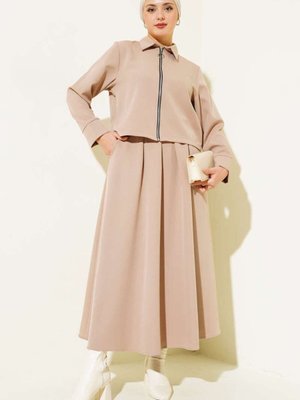 Bej Fermuarlı Kiloş Etekli İkili Takım Bej Fermuarlı Kiloş Etekli İkili Takım