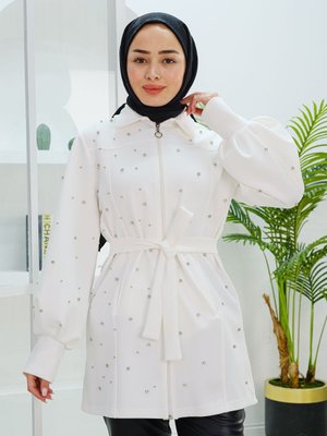 Taş Detay Bel Bağlamalı Ceket Beyaz Taş Detay Bel Bağlamalı Ceket Beyaz