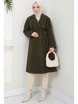 Haki Kruvaze Yaka Düğmeli Kuşaklı Kaşe Kaban Haki Kruvaze Yaka Düğmeli Kuşaklı Kaşe Kaban