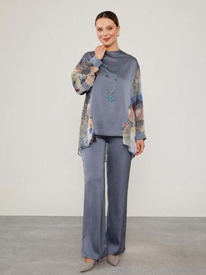 İndigo Kolları Desenli Saten Tunik Takım