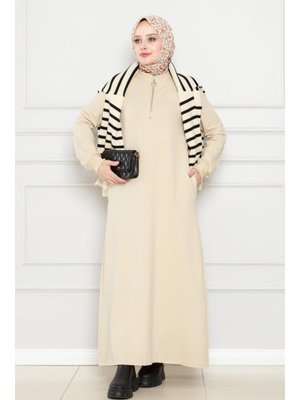 Bej Önü Fermuar Detaylı İki İplik Elbise Bej Önü Fermuar Detaylı İki İplik Elbise