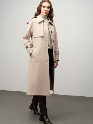 Gerçek Deri Detaylı Belden Bağlamalı Ara Boy Kaşmir Kaban Bej K