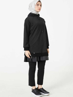 Siyah Etek Ucu Detaylı Kapüşonlu Tunik
