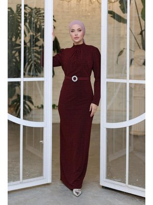 Bordo Segah Simli Abiye Elbise Bordo Segah Simli Abiye Elbise