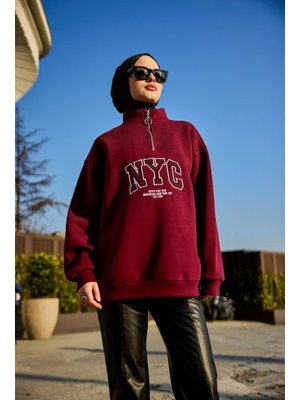 Bordo Nyc Baskılı Yarım Fermuarlı Sweat Bordo Nyc Baskılı Yarım Fermuarlı Sweat