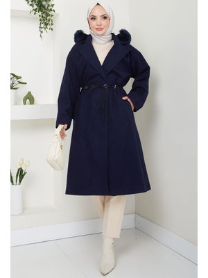 Lacivert Kapüşonlu Beli Büzgülü Kaşe Kaban Lacivert Kapüşonlu Beli Büzgülü Kaşe Kaban