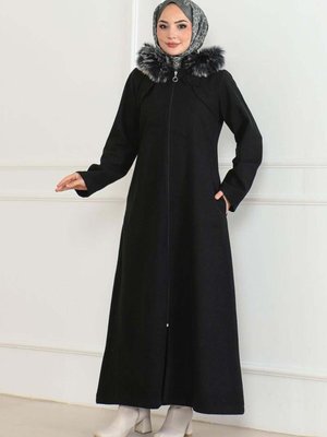 Kapüşonu Kürklü Kaşe Kaban Siyah