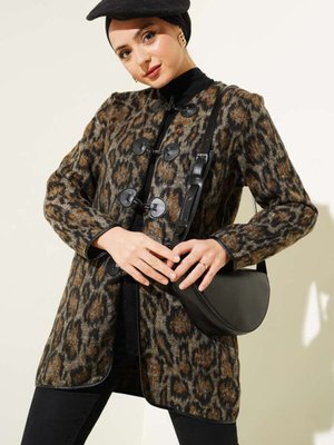 Kahverengi Deri Biyeli Leopar Desen Ceket