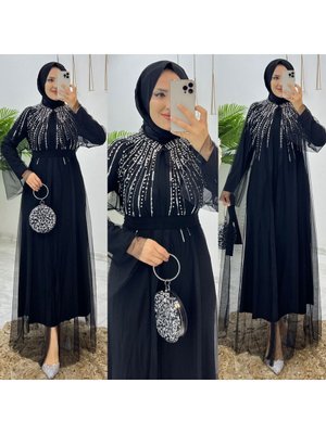 Omuzlarıdan Yoğun Taşlı Tül Abayalı İkili Abaya Takım