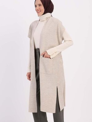 Taş Cepli Uzun Triko Yelek