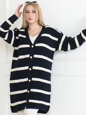 Çizgili Düğmeli Triko Hirka Lacivert