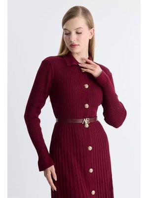 Bordo Nellie Gold Düğmeli Triko Kemerli Elbise