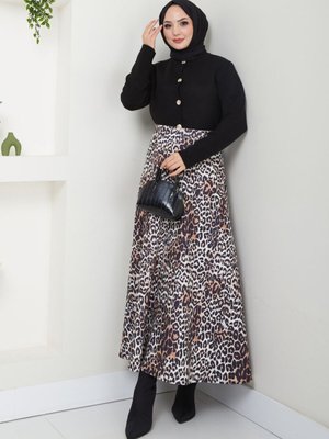 Kahverengi Leopar Desenli Scuba Uzun Etek Kahverengi Leopar Desenli Scuba Uzun Etek