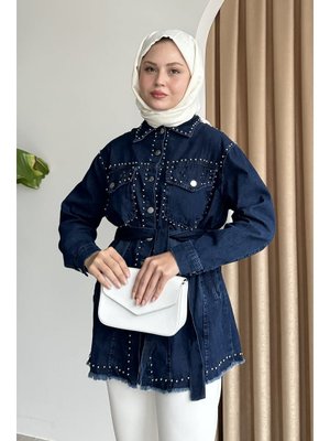 Taş Detaylı Kot Mavi Gömlek Ceket Taş Detaylı Kot Mavi Gömlek Ceket