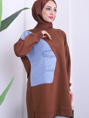 Kahverengi Kot Detaylı Bisiklet Yaka Iki Iplik Sweat Kahverengi Kot Detaylı Bisiklet Yaka Iki Iplik Sweat