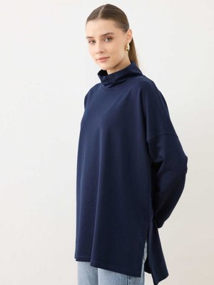 Yüksek Yaka Yırtmaçlı Sweatshırt Lacivert