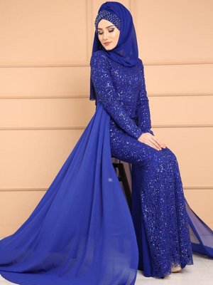 Şifon Kuyruklu Payetli Abiye Elbise