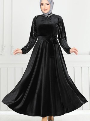 Kolları Taşlı Kadife Abiye Elbise M Siyah Kolları Taşlı Kadife Abiye Elbise M Siyah