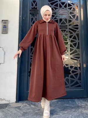 Fermuarlı Üç Iplik Elbise Kahverengi Fermuarlı Üç Iplik Elbise Kahverengi