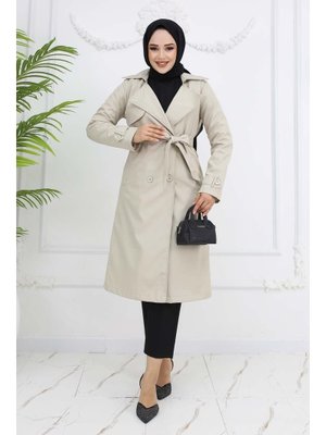 Taş Rengi Kuşaklı Kruvaze Yaka Trençkot