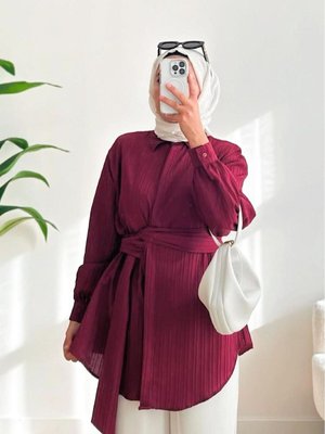 Kuşak Detay Uzun Kollu Gömlek